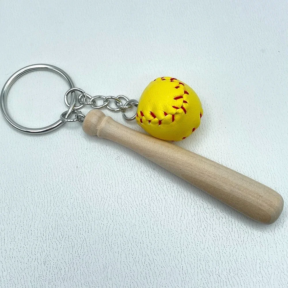 Vintage Silver Tone Mini Yellow Soft Baseball Wood Bat Charm Keychain Statement